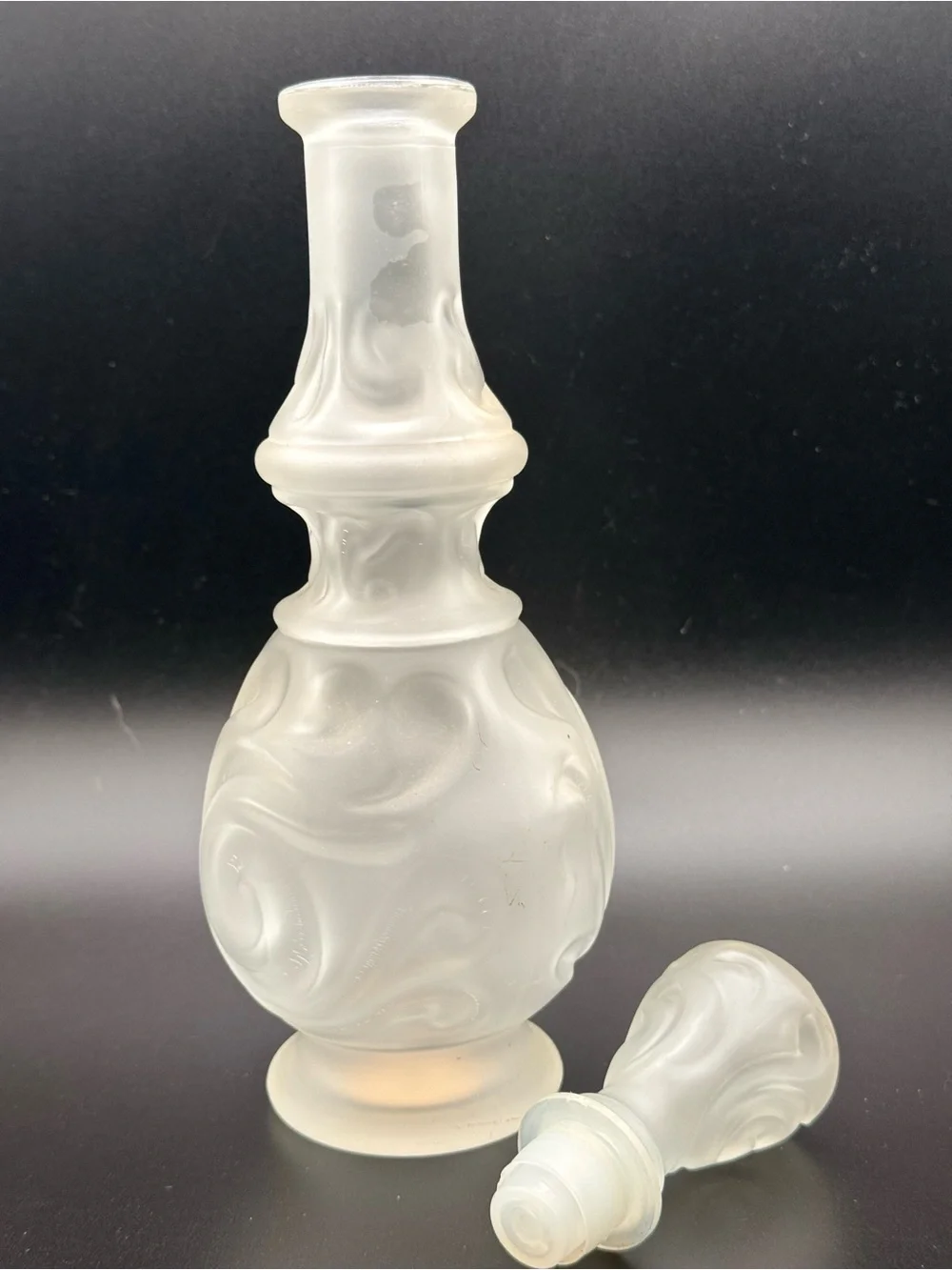 Merle Norman Frosted White Swirl Glass Decanter with Stopper